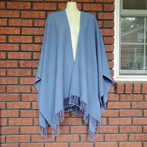 Mer Sea Travel Wrap One Size Blue Poncho Shawl Fringe Sweater Layer Mersea